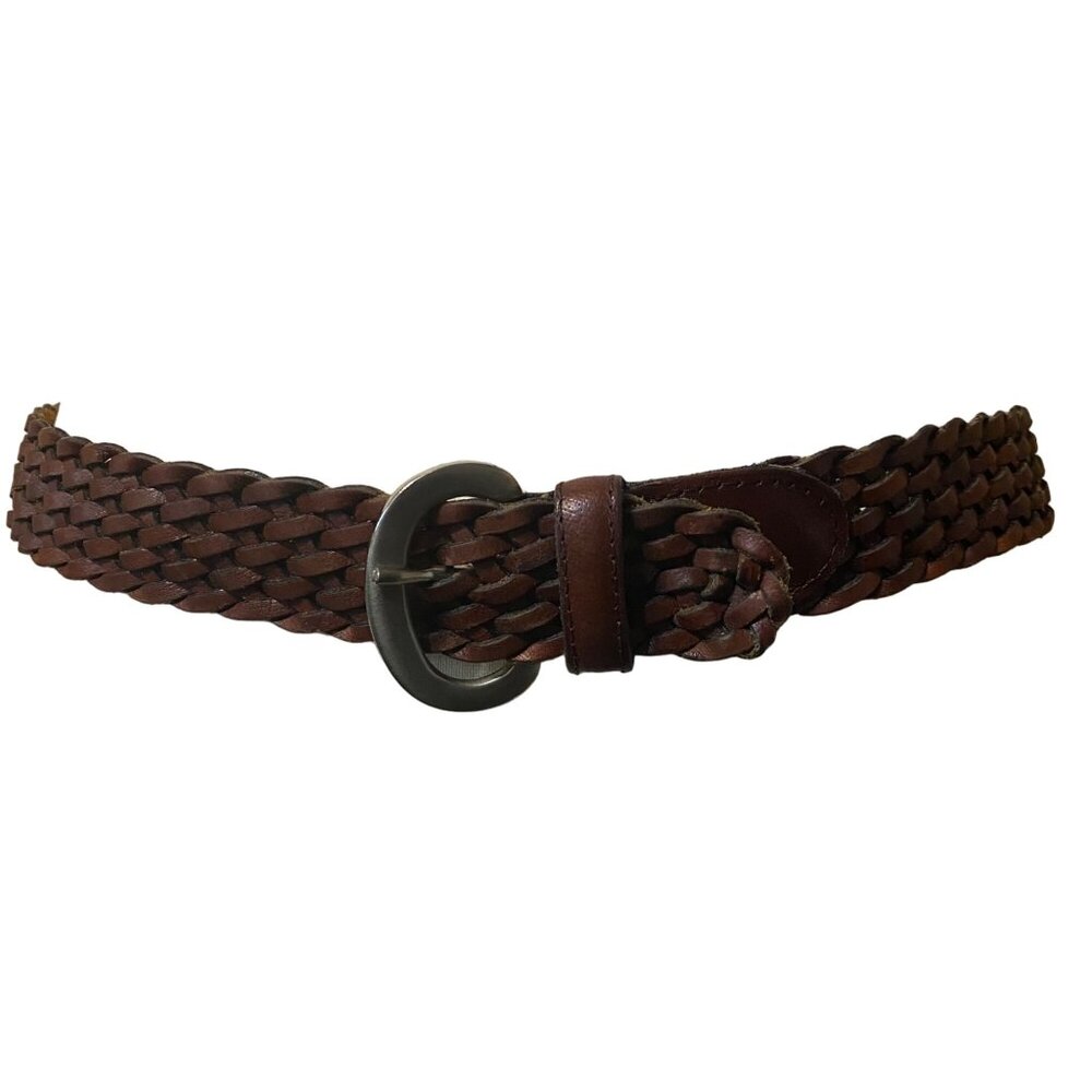 Vtg Brown Braided Leather Belt Brass Buckle Men Adjustable 35" Length 1.25" Wide
